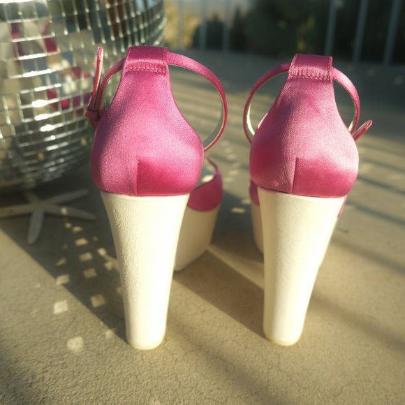 Celine Pink Satin Ankle Strap Cut Out Platform Wedge Sandals - Picture 4 of 7